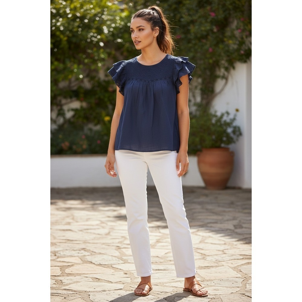Daniel Rainn Navy Blue Eyelet Peasant Blouse NWT S Boho Ruffle Cottagecore Top